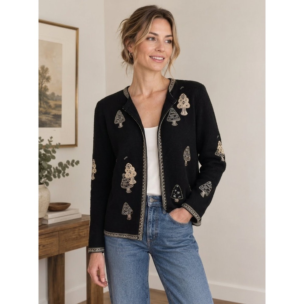 Tabi Zip-Up Cardigan Womens L Black Hand-Embellished Vintage Knit Boiled Wool